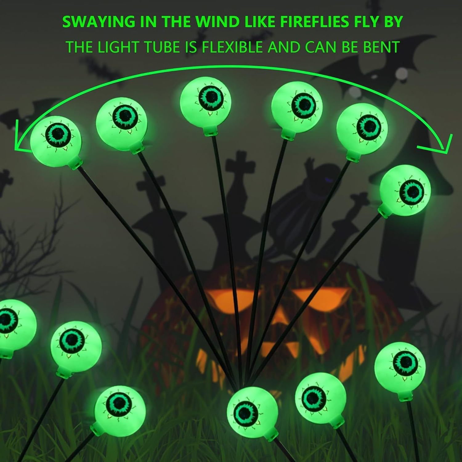 Halloween Decorations Outdoor Eyeball Lights 6LED Green Eyeball Solar Powered Swaying Halloween Lights Waterproof Outdoor