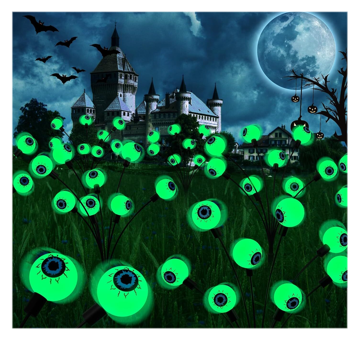 Halloween Decorations Outdoor Eyeball Lights 6LED Green Eyeball Solar Powered Swaying Halloween Lights Waterproof Outdoor