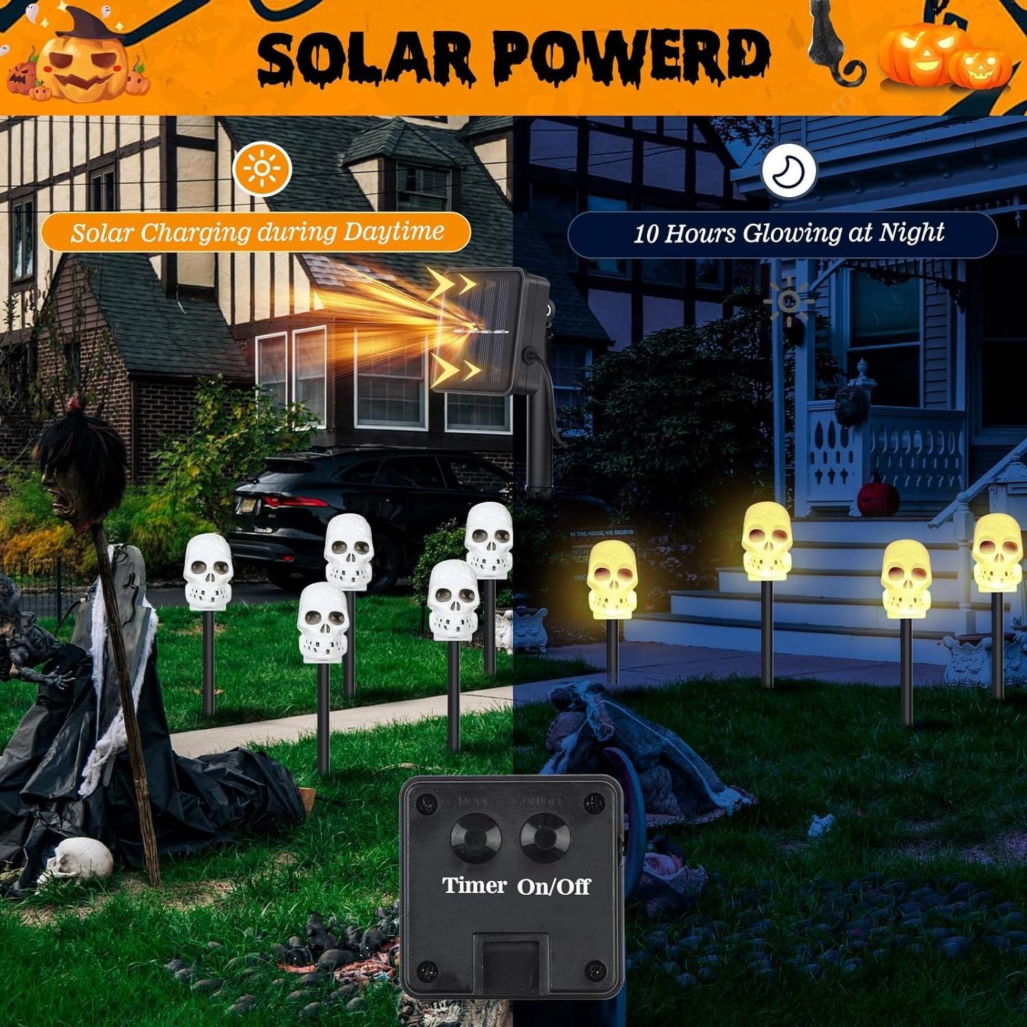 Set of 5 Halloween Decoration Solar Lights Halloween Lights Skull Pathway Markers Outdoor Waterproof Skeleton Skull Stake Lights