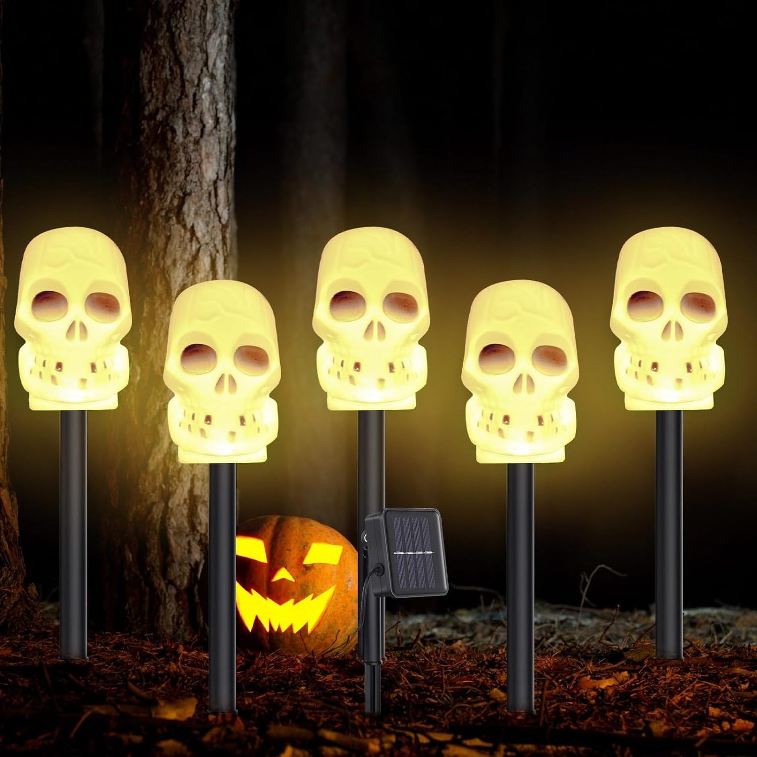 Set of 5 Halloween Decoration Solar Lights Halloween Lights Skull Pathway Markers Outdoor Waterproof Skeleton Skull Stake Lights