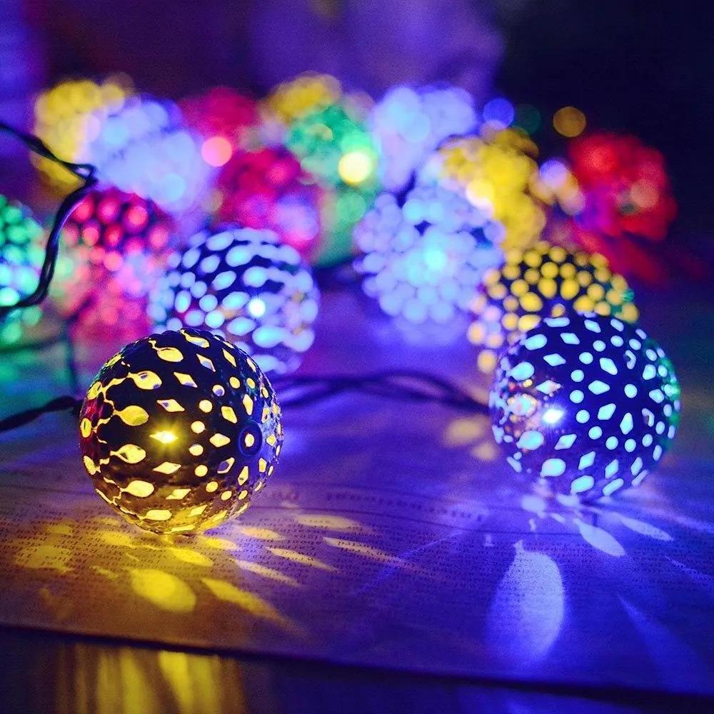 2024 New Outdoor Garland Hollow Moroccan Christmas Iron Ball Romantic Room Decoration LED Hanging String Lights