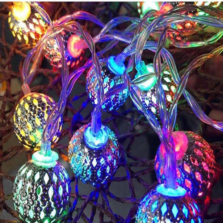 2024 New Outdoor Garland Hollow Moroccan Christmas Iron Ball Romantic Room Decoration LED Hanging String Lights