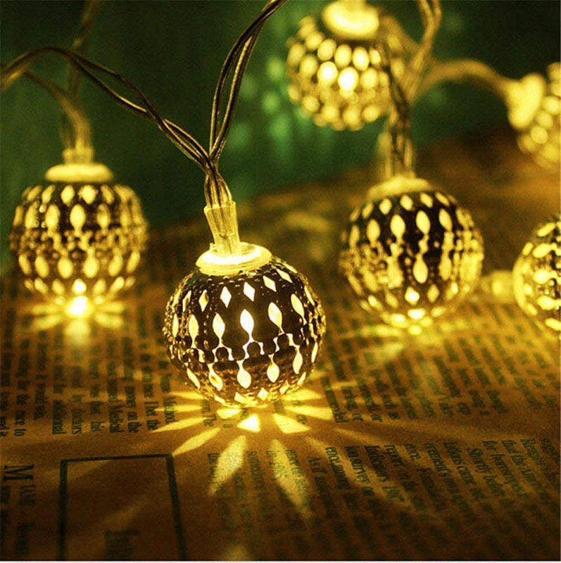 2024 New Outdoor Garland Hollow Moroccan Christmas Iron Ball Romantic Room Decoration LED Hanging String Lights