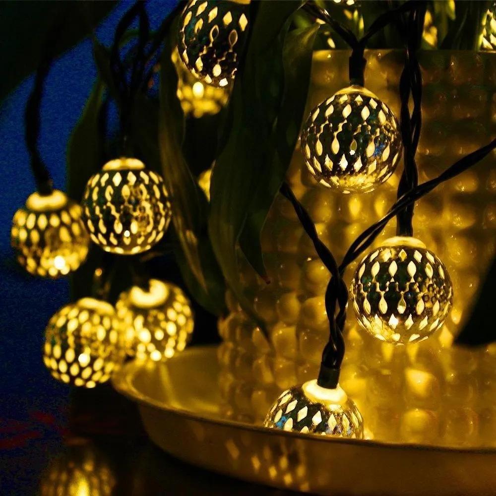 2024 New Outdoor Garland Hollow Moroccan Christmas Iron Ball Romantic Room Decoration LED Hanging String Lights