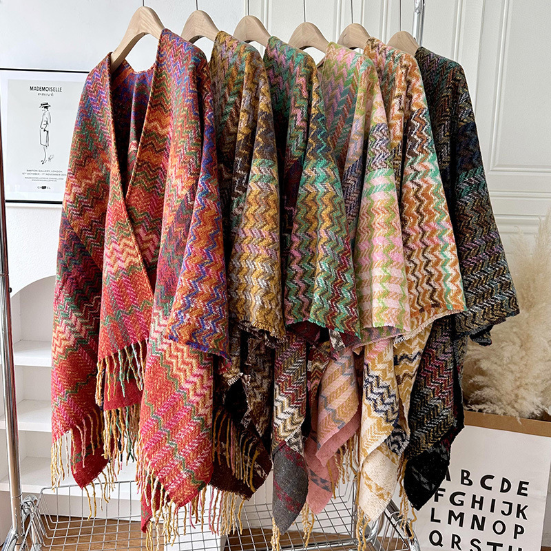 2023 Custom National style wavy plaid with sleeves knitted fringe shawl women's autumn and winter thick warm split outer cape