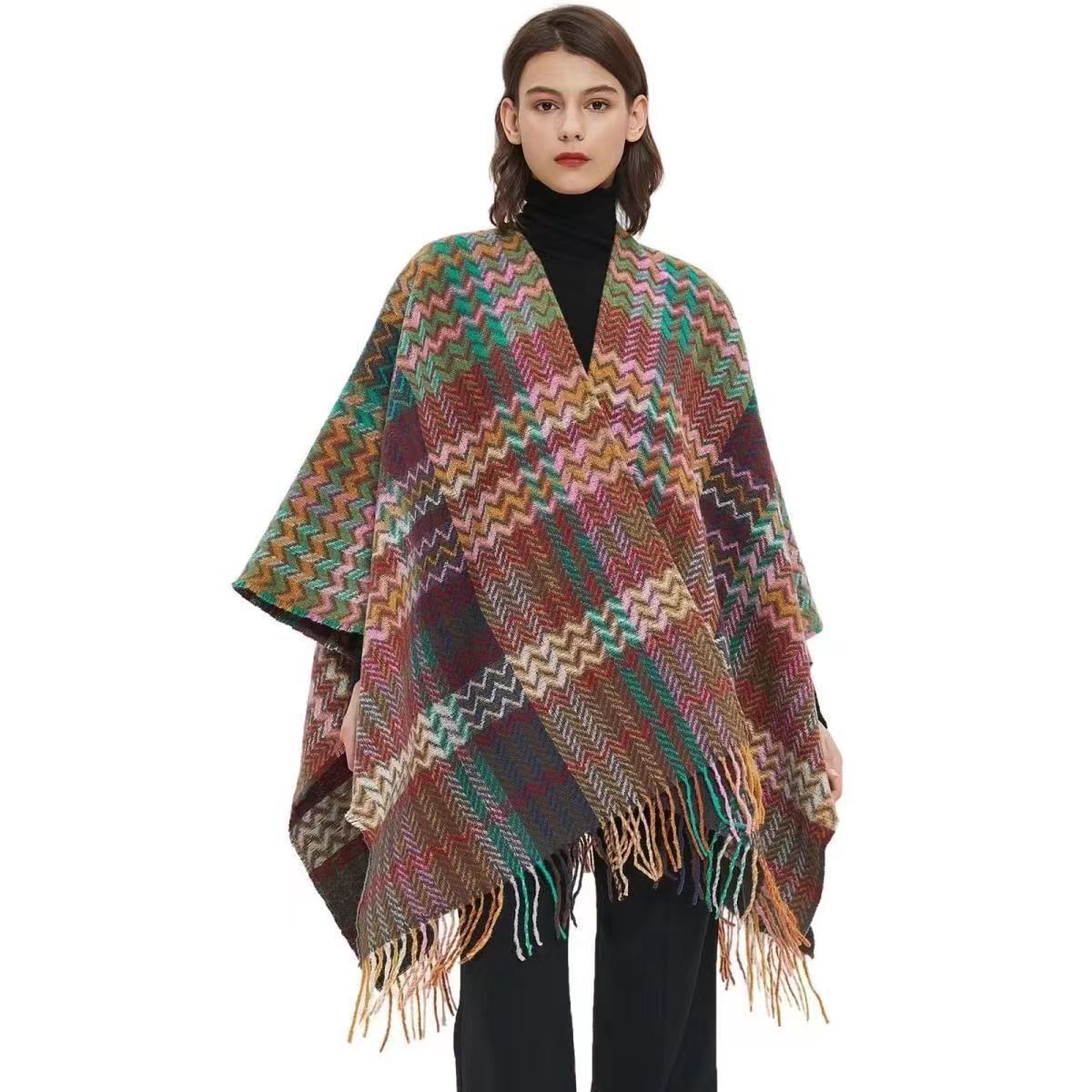 2023 Custom National style wavy plaid with sleeves knitted fringe shawl women's autumn and winter thick warm split outer cape