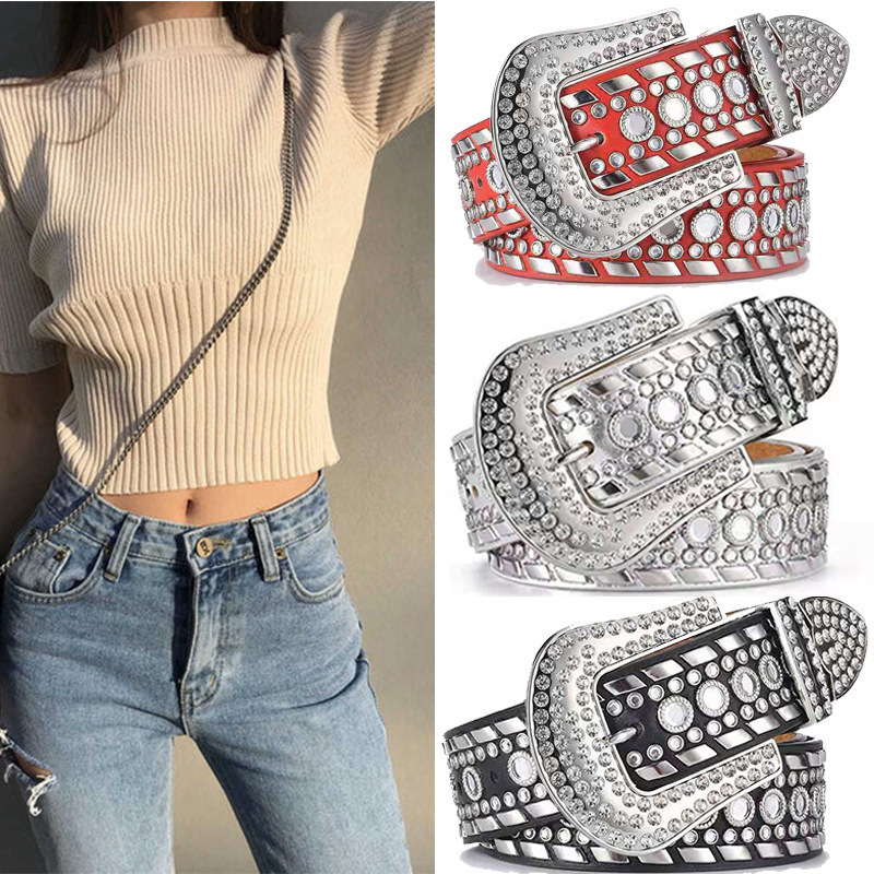 Fashion Luxury Glitter Rhinestones Studded Belt For Unisex Bling Bling Leather Belt For Men