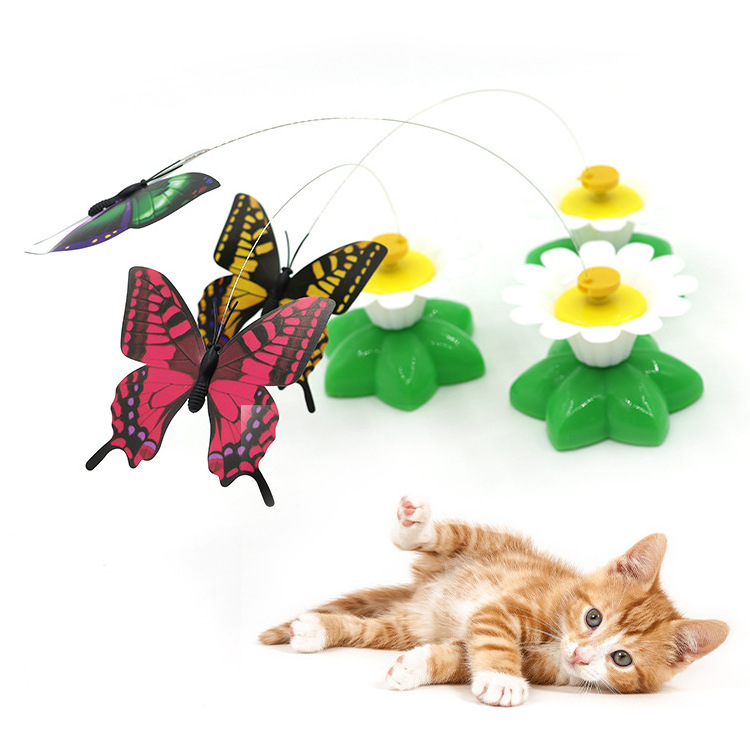 Flying Butterfly Electric Hummingbird Around Flowers Cat Funny Round Butterflies Cat Sticks Pet Interactive Toys