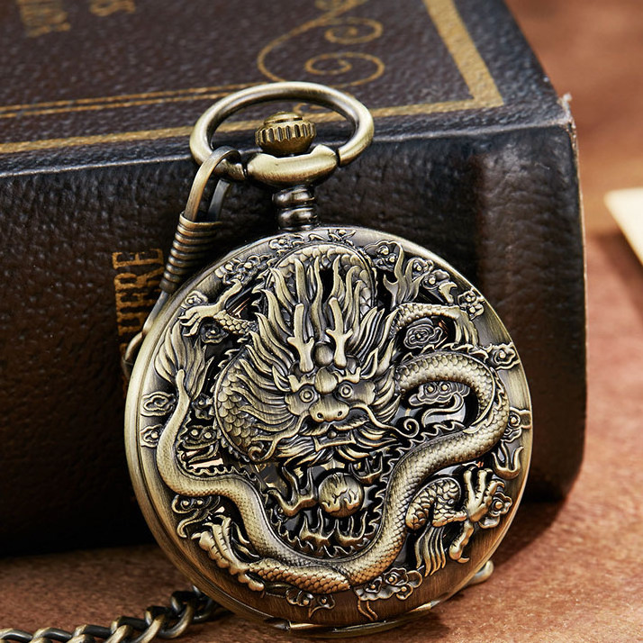 Vintage Double Side Chinese Dragon Stainless Steel Mechanical Pocket Watch For Men