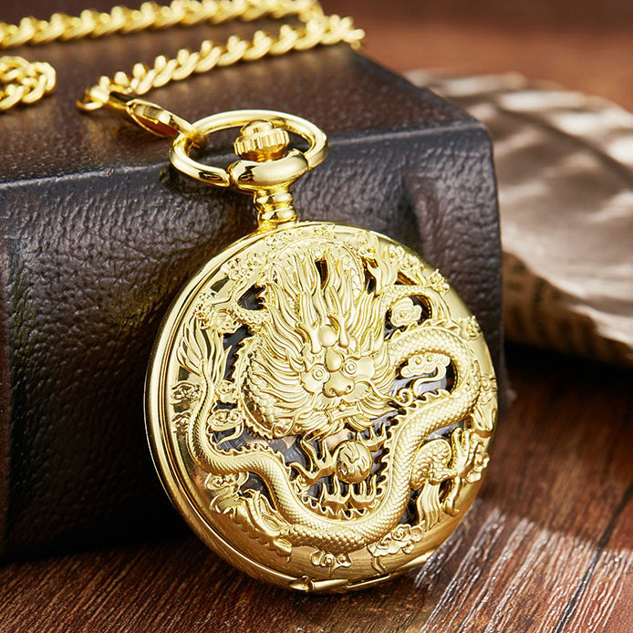 Vintage Double Side Chinese Dragon Stainless Steel Mechanical Pocket Watch For Men