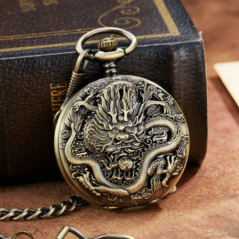 Vintage Double Side Chinese Dragon Stainless Steel Mechanical Pocket Watch For Men