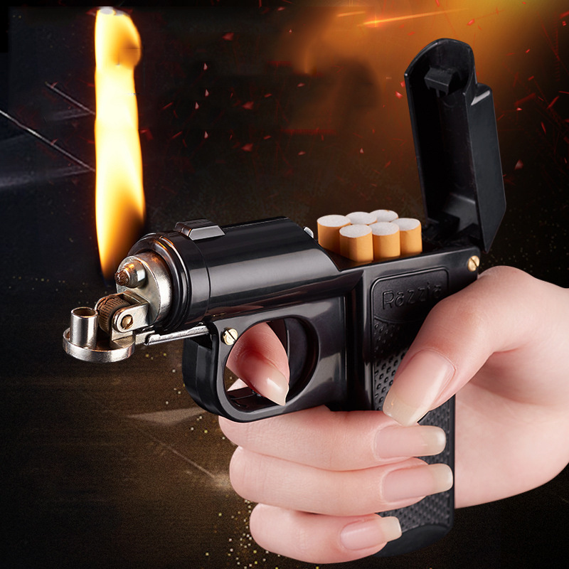 2024 classic outdoor gun shape cigarette case lighter retro kerosene lighter reusable gift lighter cigarette case