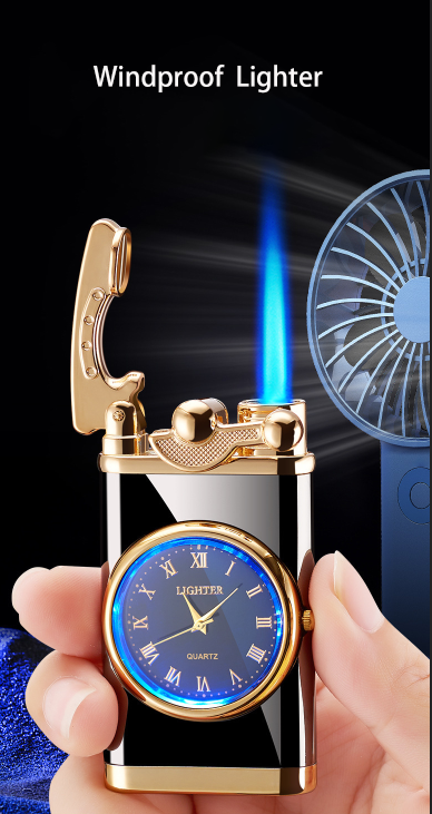 YN New Metal Windproof Straight Watch Lighter Custom logo Lighter Blue Flame clock Cigarette Lighter