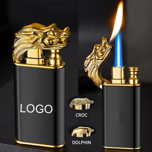 New Best selling classic dragon double flame lighter dragon custom logo gas Croc lighter torch lighter