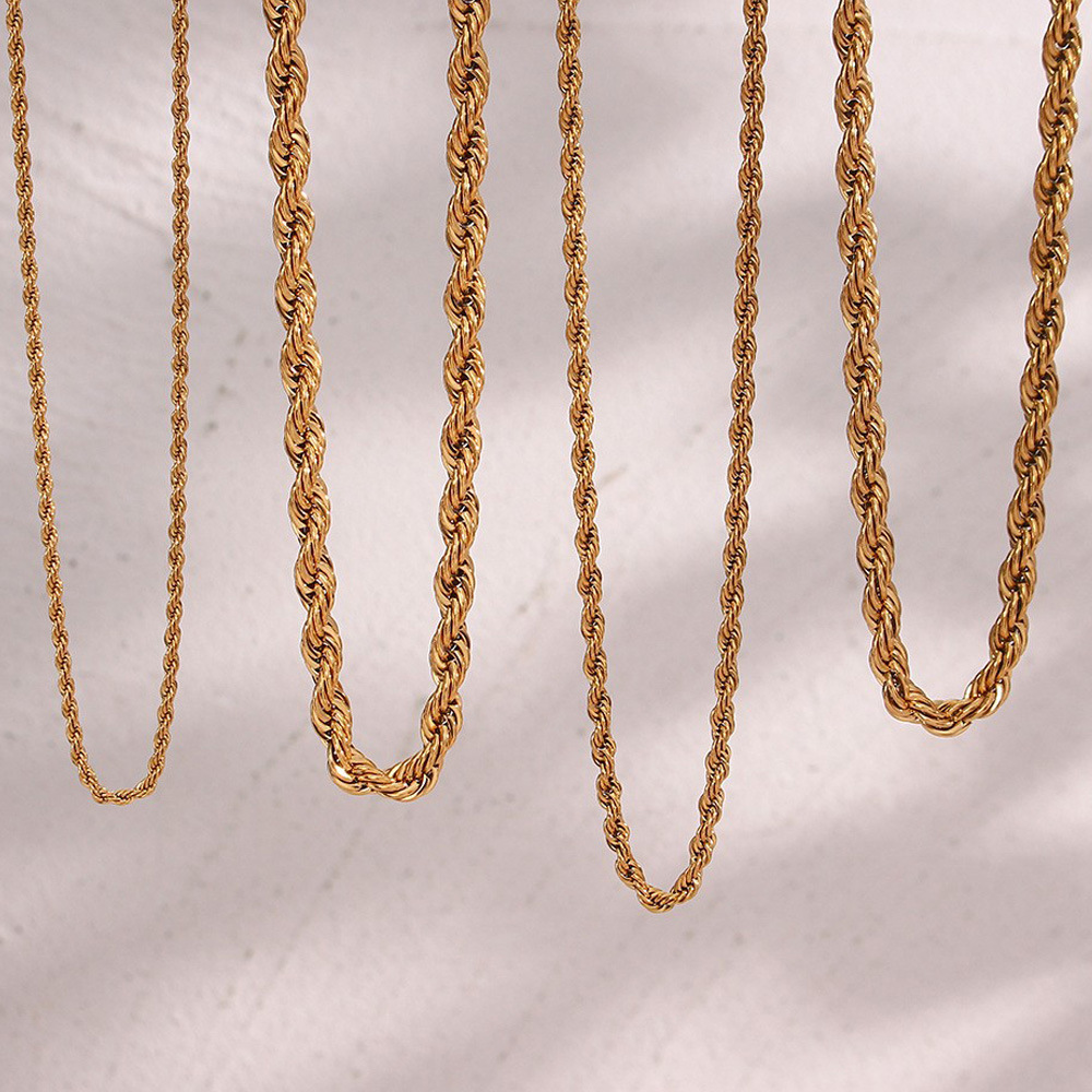 Tarnish Free Stainless Steel 18k Gold Plated 2mm 3mm 5mm 8mm Rope Chain Necklace Jewelry Set