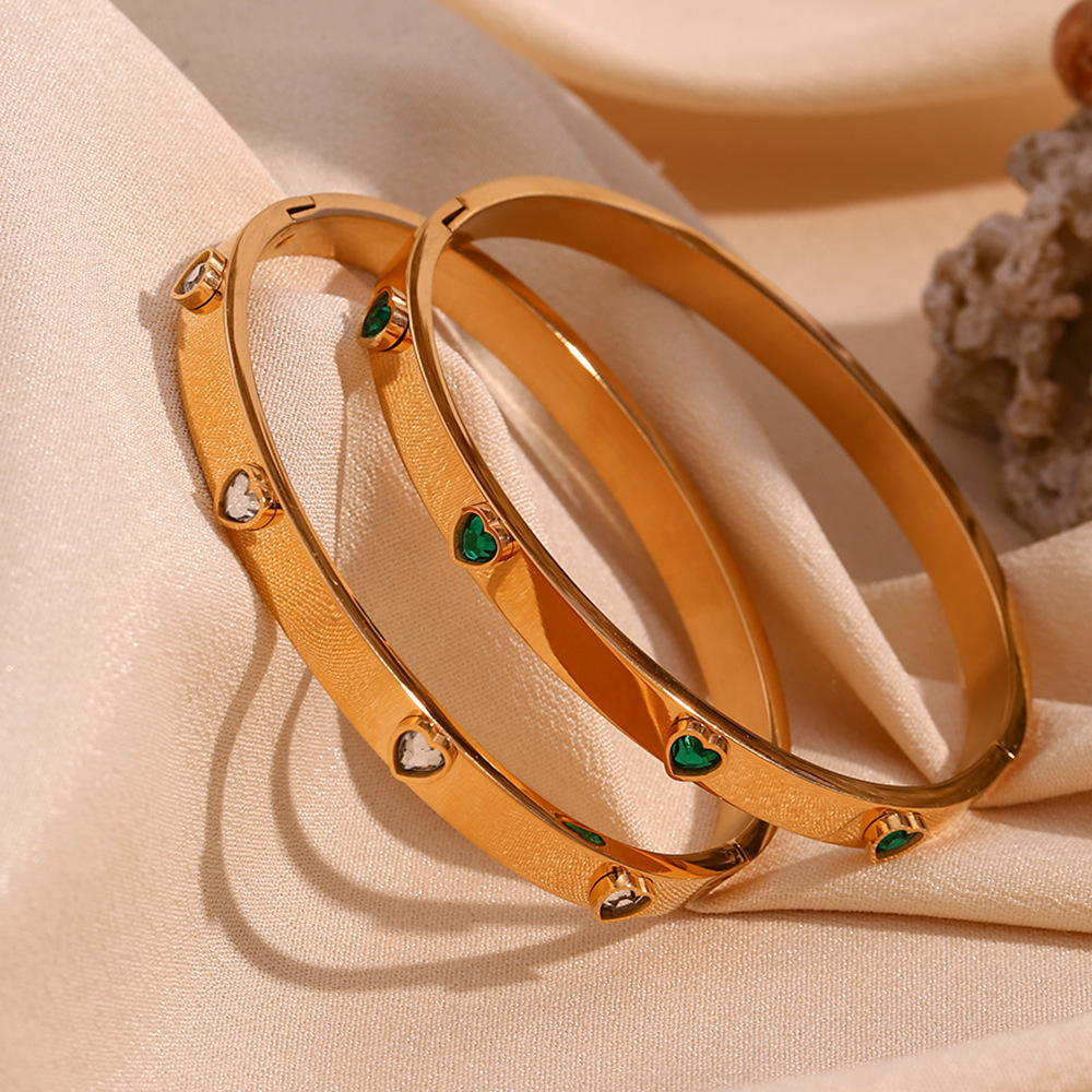 Waterproof Jewelry PVD Gold Plated Bangles Set Shining Zircon Non Tarnish Heart Zircon Stainless Steel Jewelry joyeria