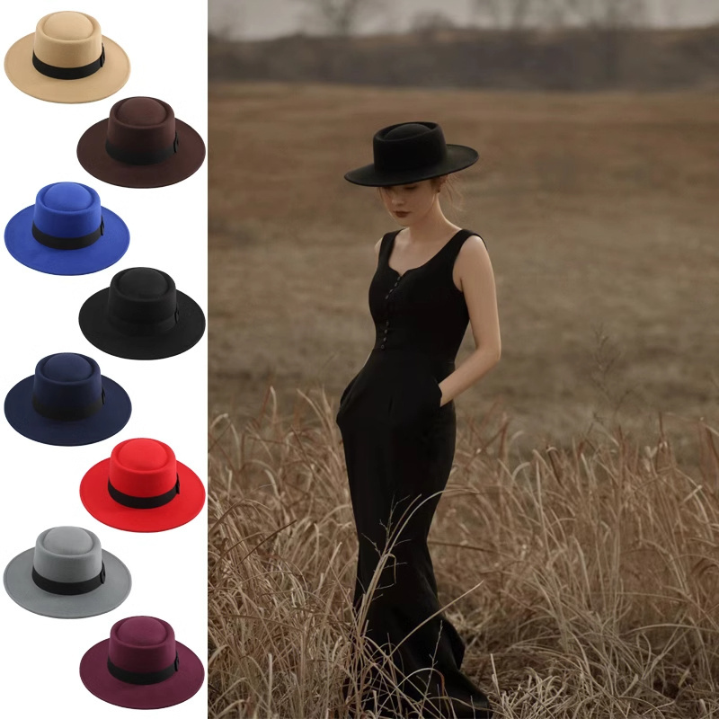 round top vintage elegant women's man made wool hard flat large brim felt fedora hats