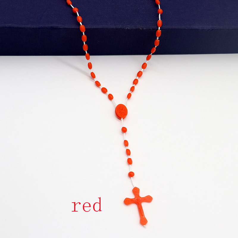 12Pcs Plastic Clasp Glow-in-the-dark Fluorescent Thread Bead Rosary Cross Jewelry Necklace