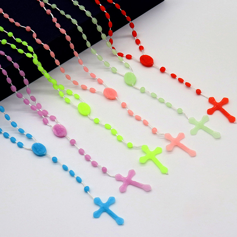 12Pcs Plastic Clasp Glow-in-the-dark Fluorescent Thread Bead Rosary Cross Jewelry Necklace