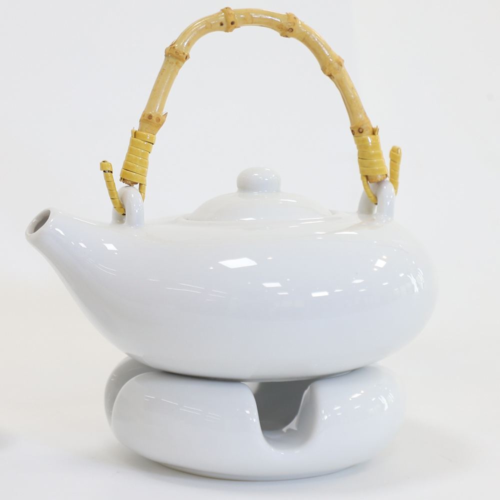 Wholesale Japanese Style Gift Ceramic Teapot White Porcelain Chinese Tea Pot Set Ceramic tea cup set With Warmer