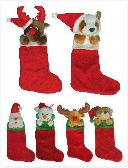 christmas plush stockings/animal head plush christmas stocking/plush christmas stockings