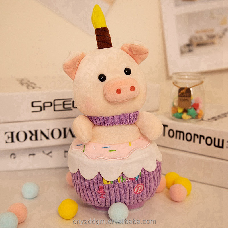 Custom Happy Birthday Plush Cow Rabbit Pig Animal Holding Cake Musical Dancing Singing Plays plush toy with light