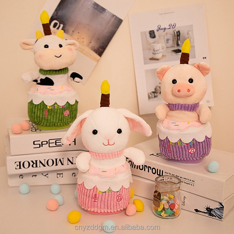 Custom Happy Birthday Plush Cow Rabbit Pig Animal Holding Cake Musical Dancing Singing Plays plush toy with light