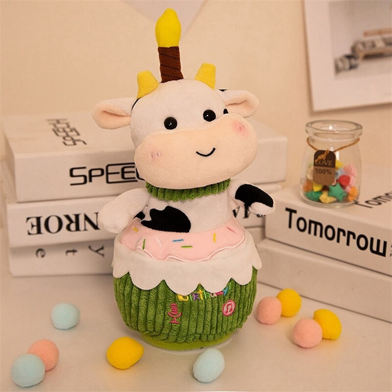 Custom Happy Birthday Plush Cow Rabbit Pig Animal Holding Cake Musical Dancing Singing Plays plush toy with light