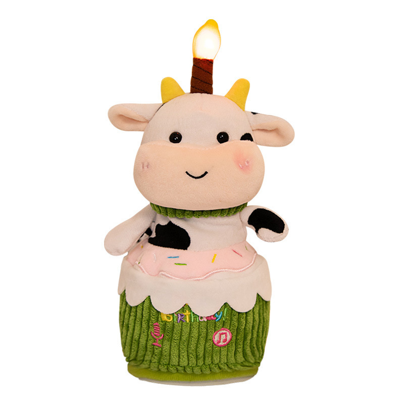 Custom Happy Birthday Plush Cow Rabbit Pig Animal Holding Cake Musical Dancing Singing Plays plush toy with light