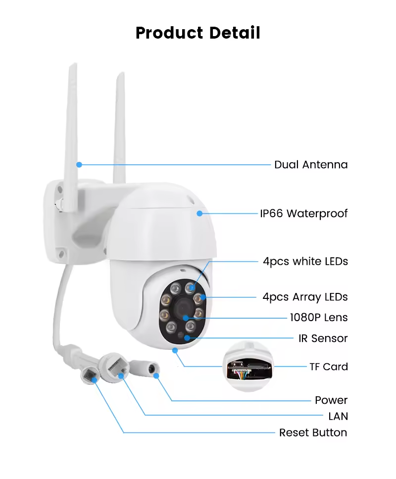 Outdoor Speed Dome Wireless Camera Smart AI Human Detected Auto Tracking Two-way Audio Record HD 2MP PTZ WiFi IP Camera