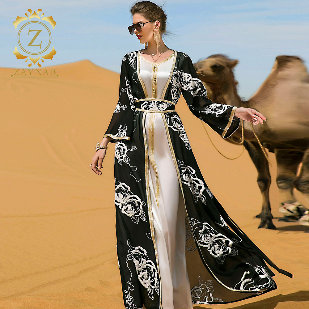 Zaynab Jilbabs Latest Manxun Dubai Kalar Abaya Dubai Turkey Muslim Fashion Hijab Dress Two Piece Black And White Flower