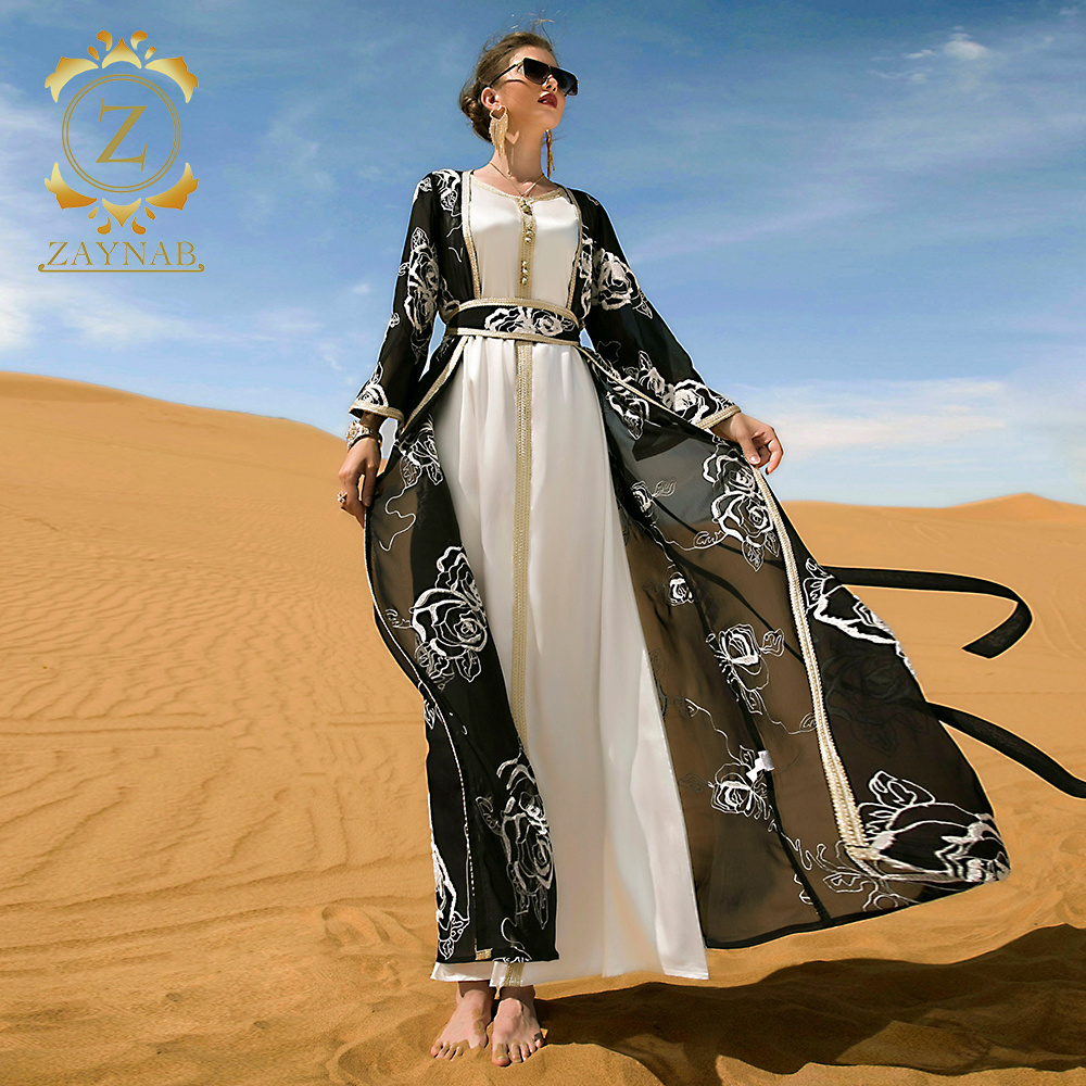 Zaynab Jilbabs Latest Manxun Dubai Kalar Abaya Dubai Turkey Muslim Fashion Hijab Dress Two Piece Black And White Flower