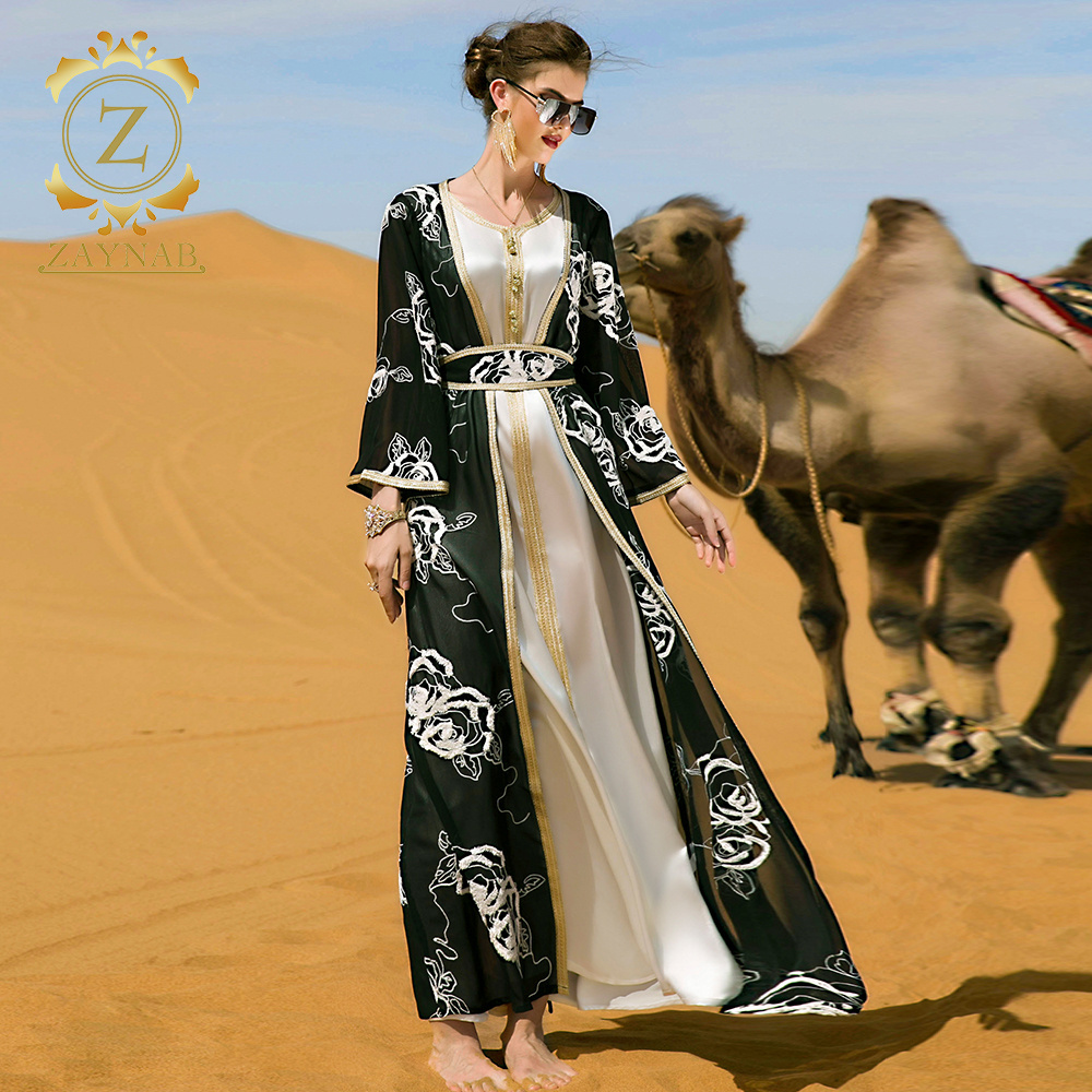 Zaynab Jilbabs Latest Manxun Dubai Kalar Abaya Dubai Turkey Muslim Fashion Hijab Dress Two Piece Black And White Flower