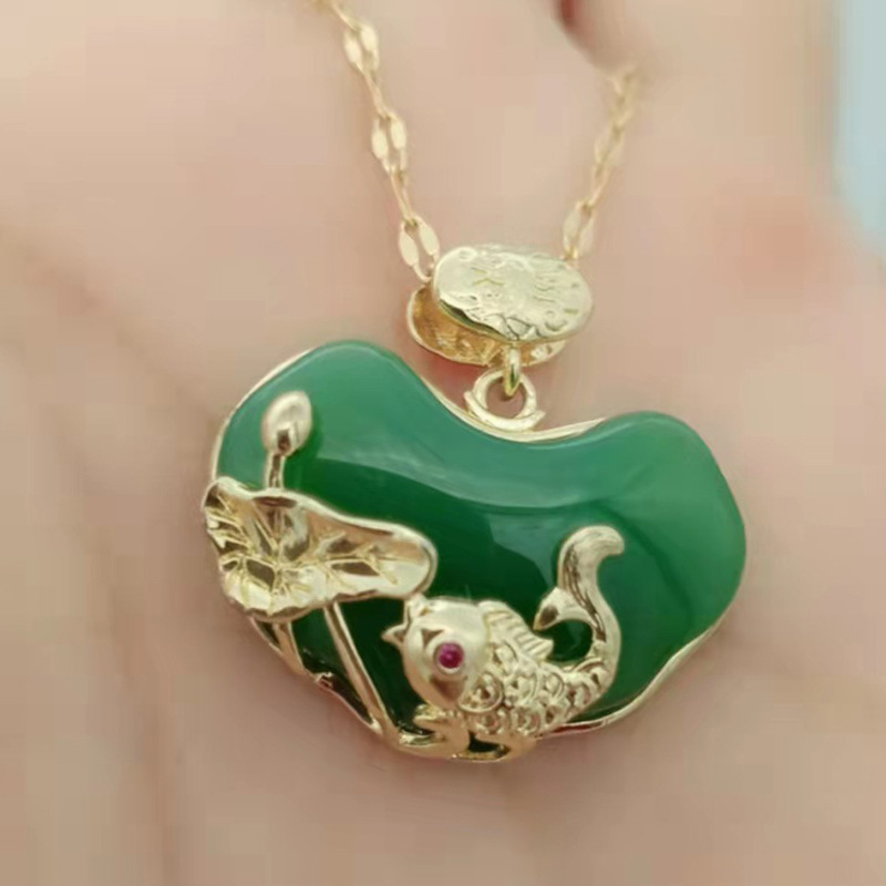 White jade pendant jewelry green jade pendant necklace stainless steel necklace female ethnic style carp lotus necklace