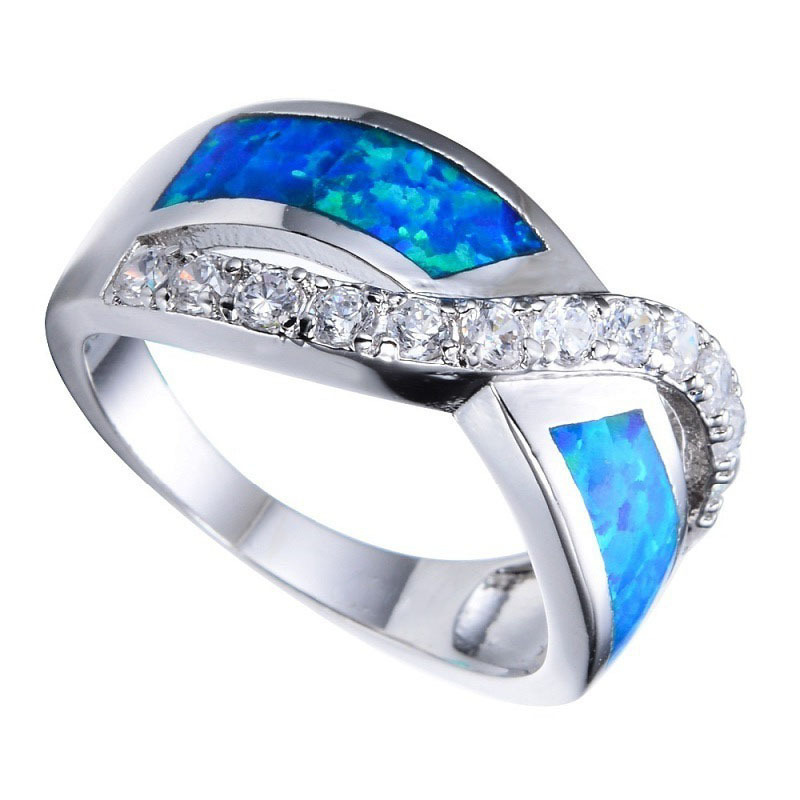 Dainty Female Blue Opal Stone Jewelry Luxury 925 Silver Cross Wedding Rings For Women Cute Hollow White Crystal Engagement Ring