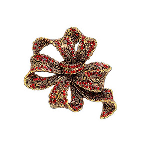 Vintage Elegant Red Crystal Bow Brooches For Women Luxury Gold Color Rhinestone Alloy Geometry Brooch Safety Pin