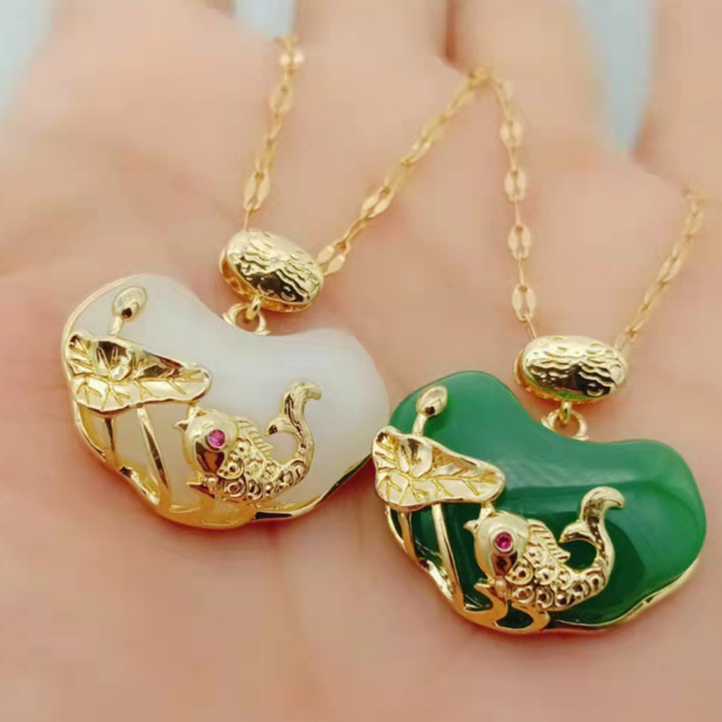 White jade pendant jewelry green jade pendant necklace stainless steel necklace female ethnic style carp lotus necklace