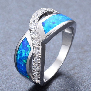 Dainty Female Blue Opal Stone Jewelry Luxury 925 Silver Cross Wedding Rings For Women Cute Hollow White Crystal Engagement Ring