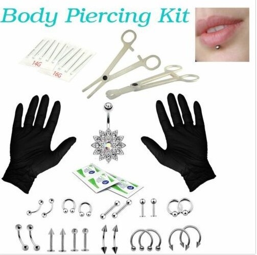 Surgical Steel 14g 16g Nose Ring Septum Tongue Belly Jewelry 42pc Pro Body Piercing Kit