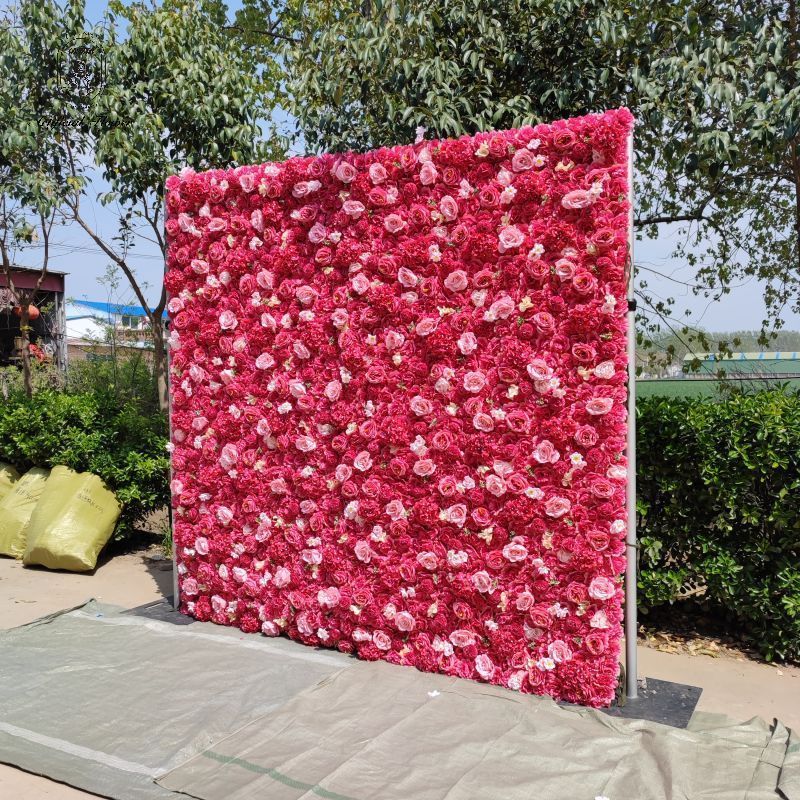 DKB Floral Wall 3D Roll Up Hanging Nude Rose Hydrangea Artificial Silk Flower Wall Backdrop For Wedding Decoration