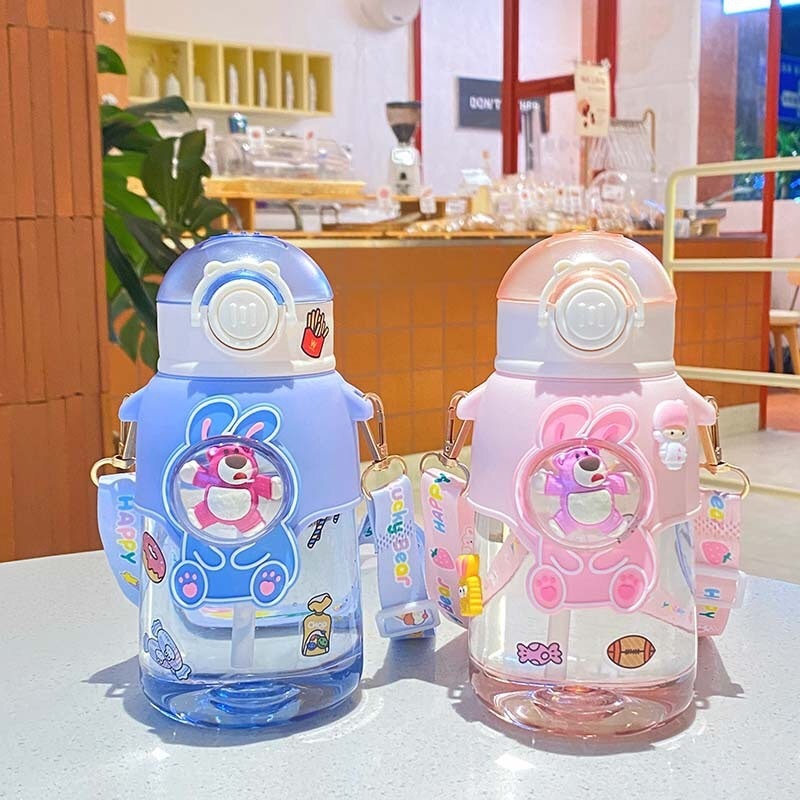 Fashionable and good-looking strawberry bear plastic water bottle cartoon cute crossbody strap outdoor portable straw kettle