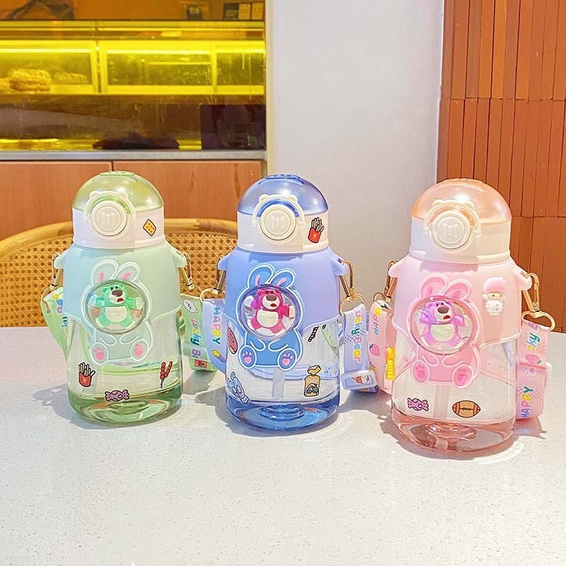 Fashionable and good-looking strawberry bear plastic water bottle cartoon cute crossbody strap outdoor portable straw kettle