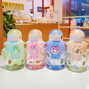 Fashionable and good-looking strawberry bear plastic water bottle cartoon cute crossbody strap outdoor portable straw kettle