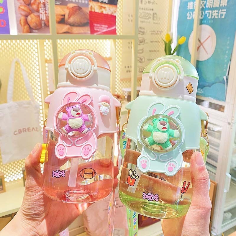 Fashionable and good-looking strawberry bear plastic water bottle cartoon cute crossbody strap outdoor portable straw kettle