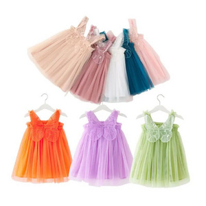 Popular Solid color Sleeveless Tulle Kids Girls Casual Froks Dresses with butterfly wings Baby Girl Summer Tutu Dress for Party