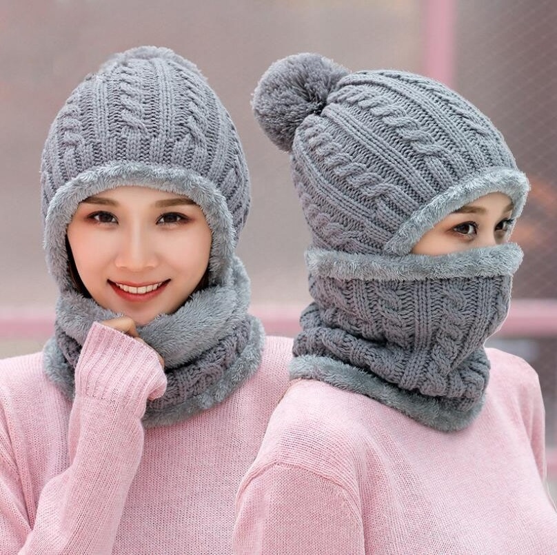 2024 Hot Selling Winter Warm Cable Knit  Pom Pom Hat Scarf Set