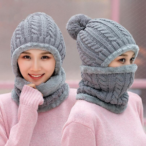 2024 Hot Selling Winter Warm Cable Knit  Pom Pom Hat Scarf Set