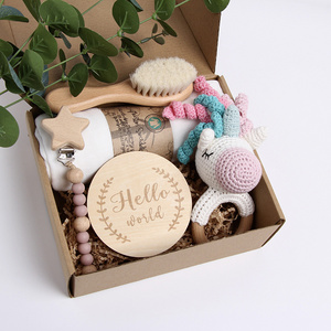 Pinuotu Wooden Boy Girl Newborn Baby Shower Crochet Animal Rattle Cute Pacifier Chain Engraved Toy Toddlers Gift Box Set