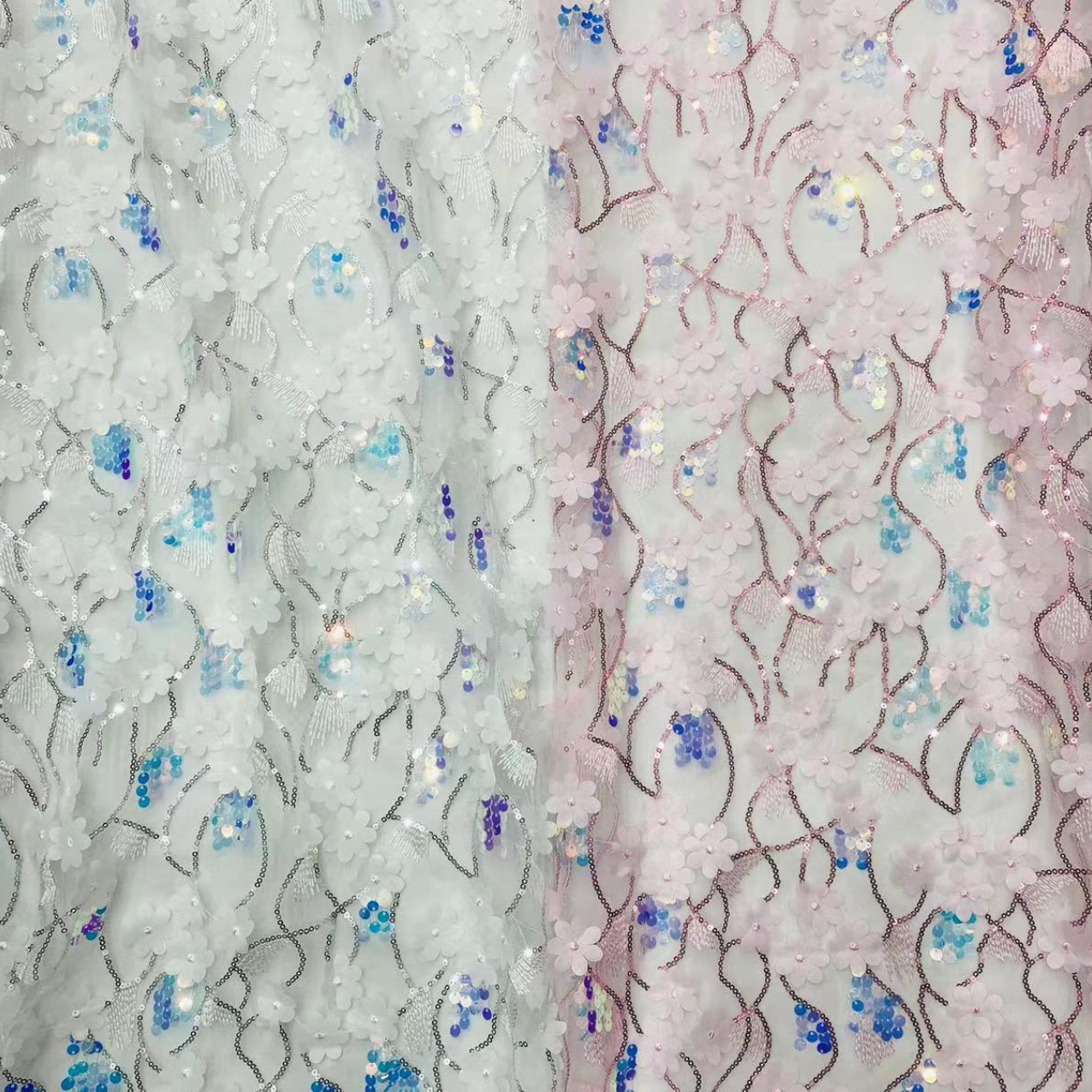 2024 new design New Arrival Polyester Tulle Mesh 3d Floral Sequin Embroidery Fabric For Wedding Factory direct sales