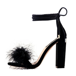 Custom Shoes Women Heels Sexy Fluffy Marabou Feather Gladiator Strappy 12cm Chunky High Heeled Sandals